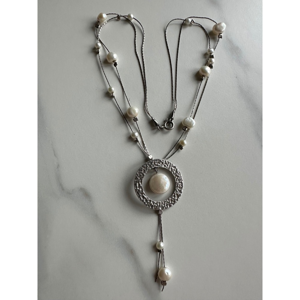 Sterling Silver 925 Multi Strand Freshwater Pearl Hammered Circle Necklace